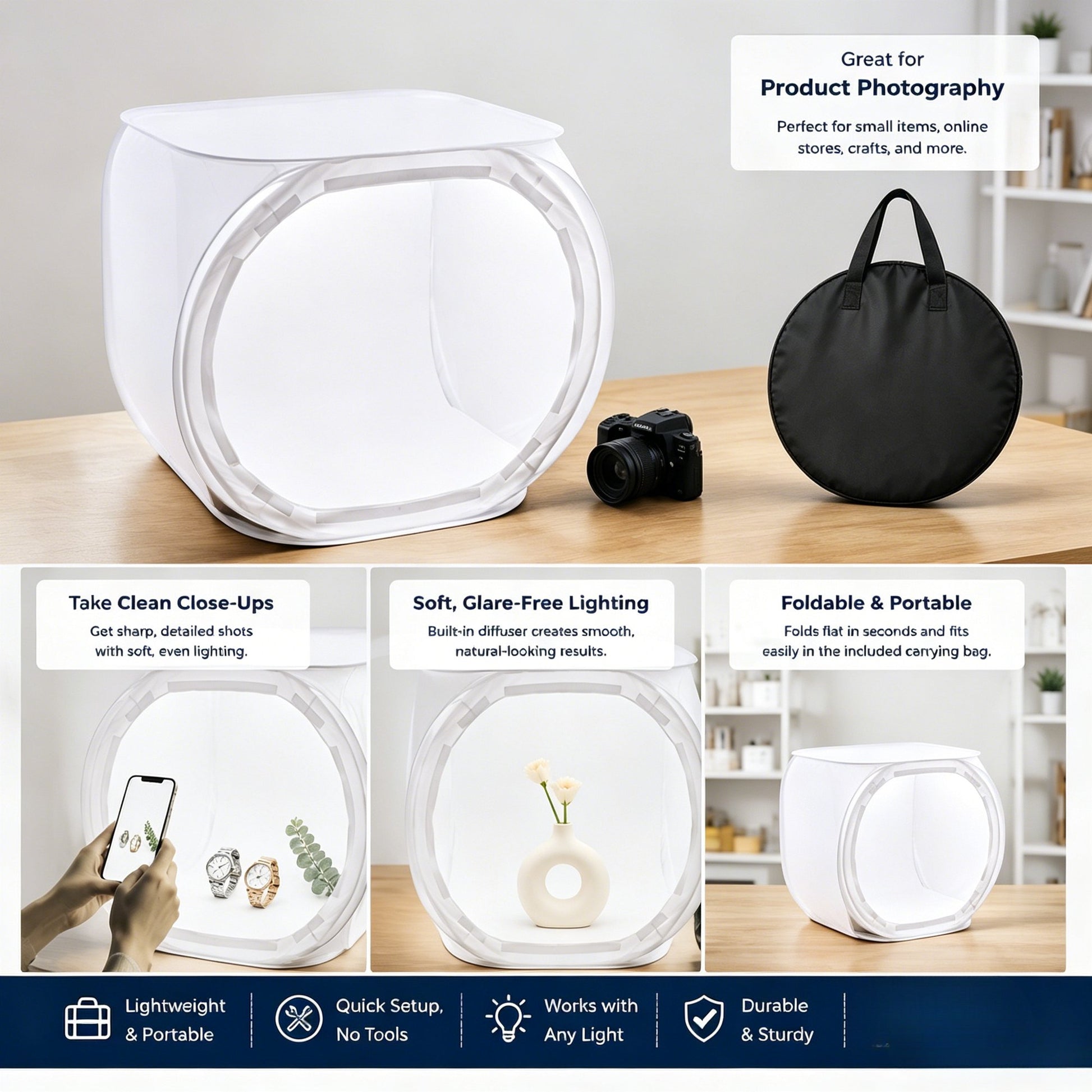 Foldable Photo Studio Light Box, 24x24in Portable Photography Light Tent with Carry Bag, Soft Diffuser for Product Photography, Jewelry & Small Items