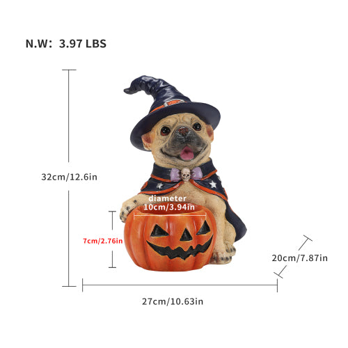 AEELLEEA Halloween French Bulldog Witch Puppy Figurine, Dog Statue with Pumpkin Candy Bowl, Tabletop Holiday Storage Decor