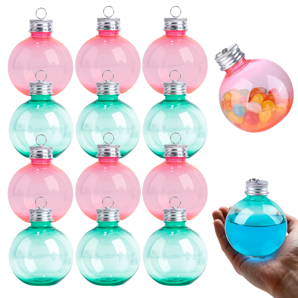 12ct Fillable Christmas Ornament Balls, 5oz Plastic Bulb Containers with Hanging Loops, Pink & Green Tree Decor and Stocking Stuffers