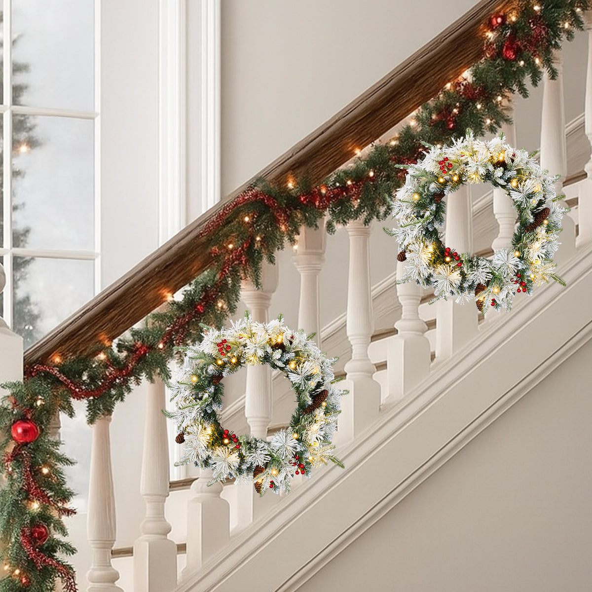 2Pcs 18" Lighted Christmas Wreaths, Snow Flocked PVC PE Wreath with Pinecones Red Berries, 60 Warm White Lights Battery Box 8 Modes