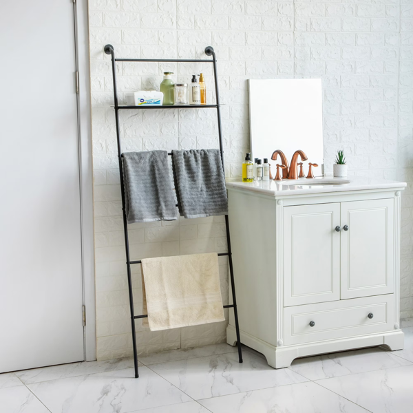 Towel Rack Stand, Black Metal Ladder Towel Rack with Shelf for Bathroom, Freestanding Towel Ladder for Towels and Decor