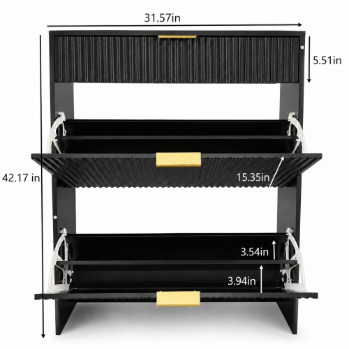 AEELLEEA Narrow Fluted Entryway Shoe Storage Cabinet, Freestanding Flip Drawer Shoe Rack with Gold Handles for Hallway Bedroom