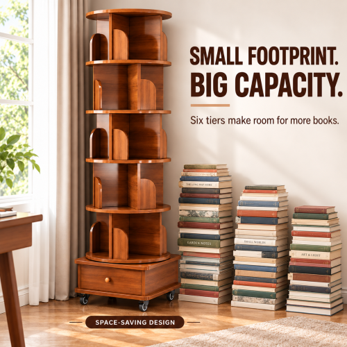 AEELLEEA 6-Tier 360° Rotating Bookshelf with Wheels & Storage Drawer, Wood Corner Bookcase Organizer for Bedroom Living Room Study, Walnut Brown
