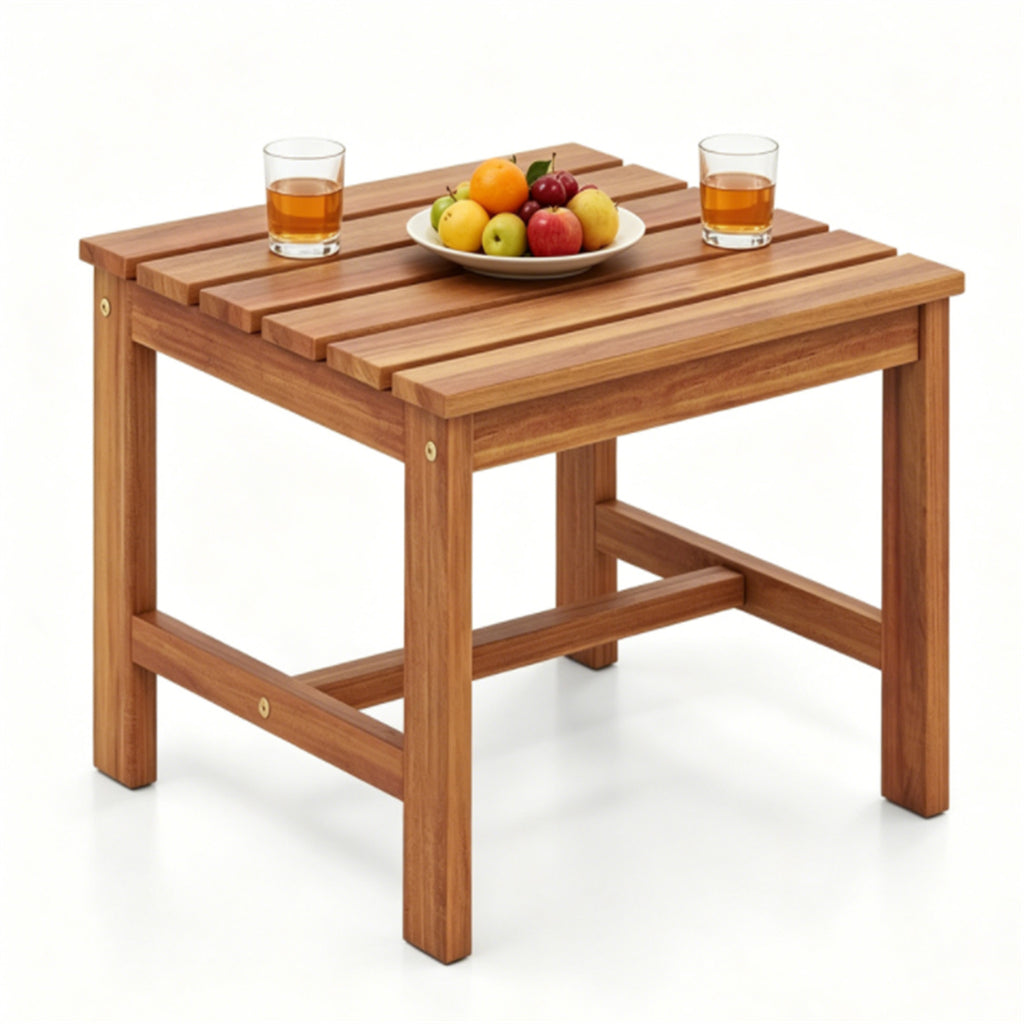 17 Inch Acacia Wood Outdoor Side Table, Square Slatted Patio End Table with Drainage Design, Heavy Duty Reinforced Frame for Backyard Garden Poolside