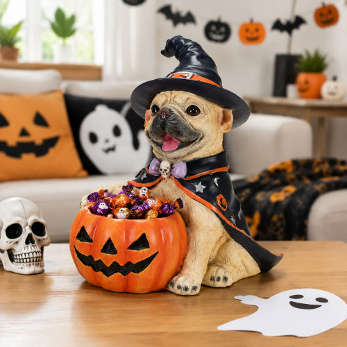 AEELLEEA Halloween French Bulldog Witch Puppy Figurine, Dog Statue with Pumpkin Candy Bowl, Tabletop Holiday Storage Decor