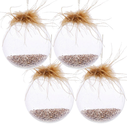 4 PCS Clear Christmas Ball Ornaments, Transparent Glass Xmas Baubles with Bronze Glitter and Brown Feather Tassel, Hanging Decorations for Christmas Tree Wreath Party