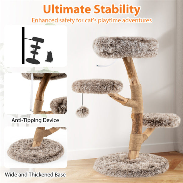 AEELLEEA 35.5-Inch Natural Wood Cat Tree with Plush Perches, Sisal Scratching Posts and Hanging Pom-Pom Toy