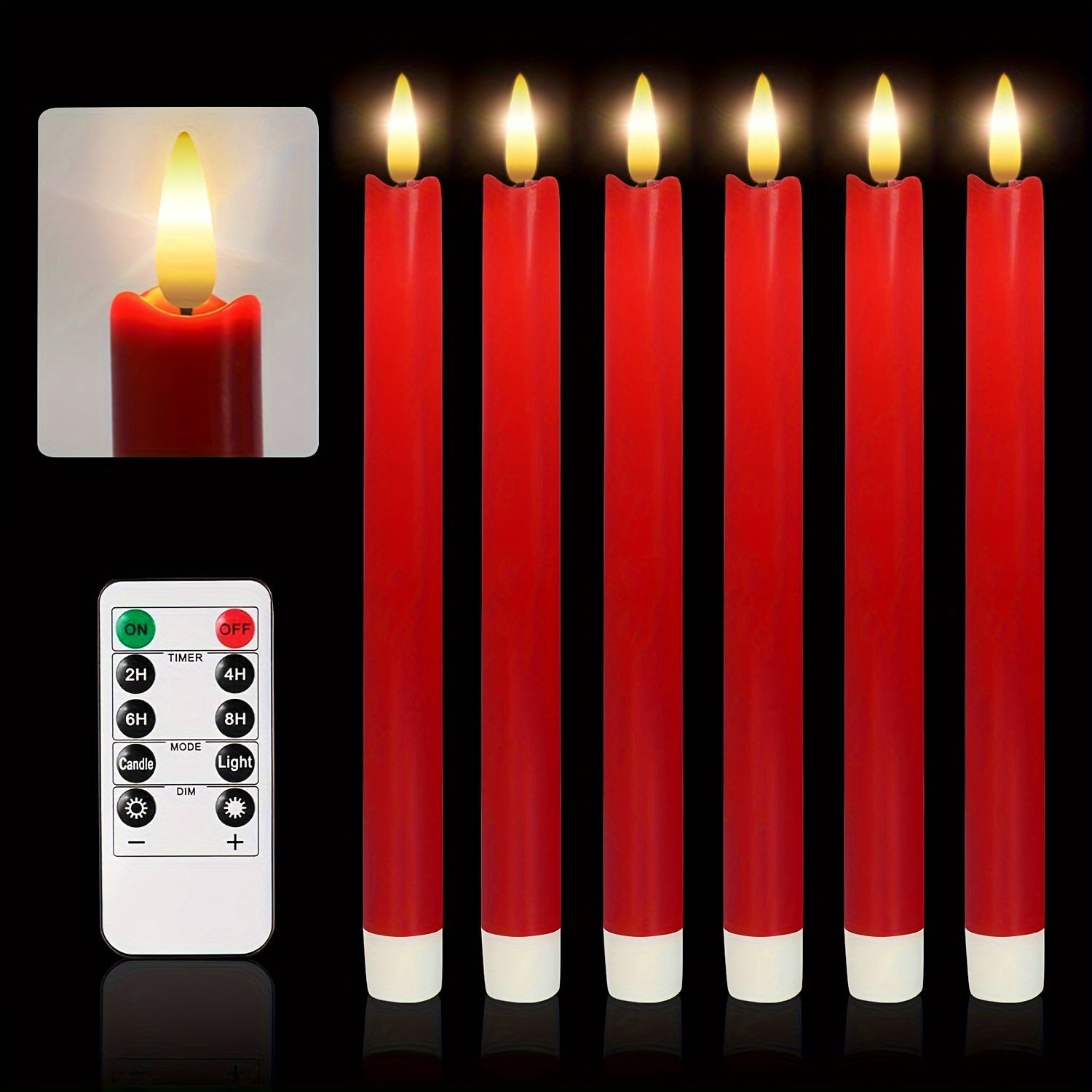 Flameless LED Flickering Taper Candles with Remote Timer Dimmer, Battery Operated Window Candles, 9.5 Inches 6 Pcs - Perfect for Christmas, Wedding & Valentine's Day Decor