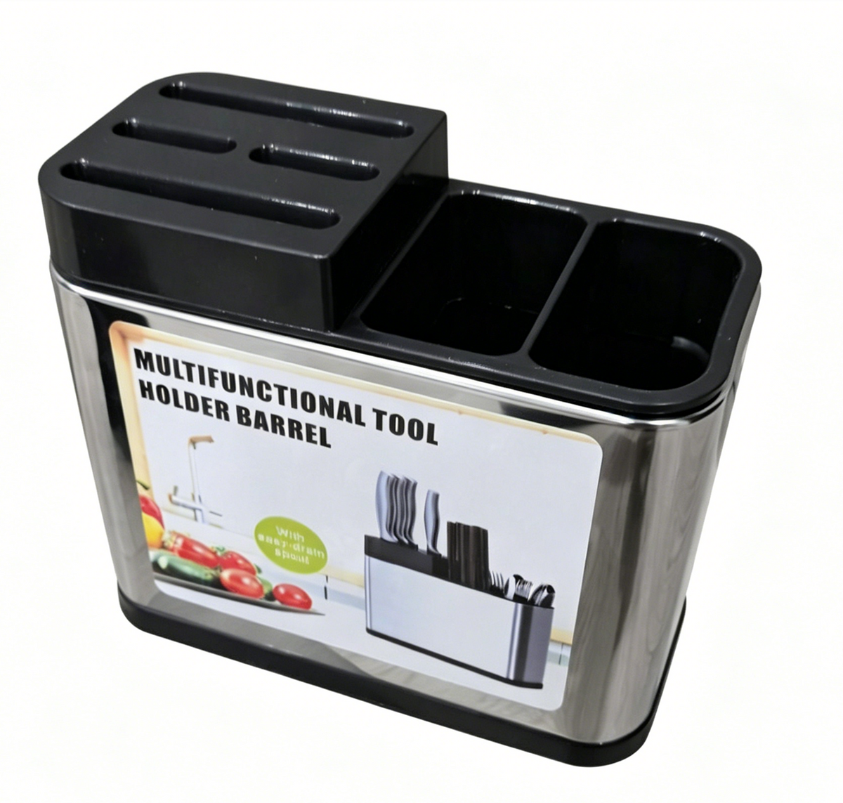Multifunctional Kitchen Utensil Holder, Stainless Steel Countertop Knife & Cutlery Storage Organizer with Drain Holes for Kitchen Counter