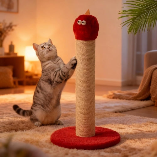 22" Indoor Cat Scratching Post, Natural Sisal Rope Scratcher, Cute Monster Cat Tower with Sturdy Wood Base, Gift for Small & Large Kittens, Red