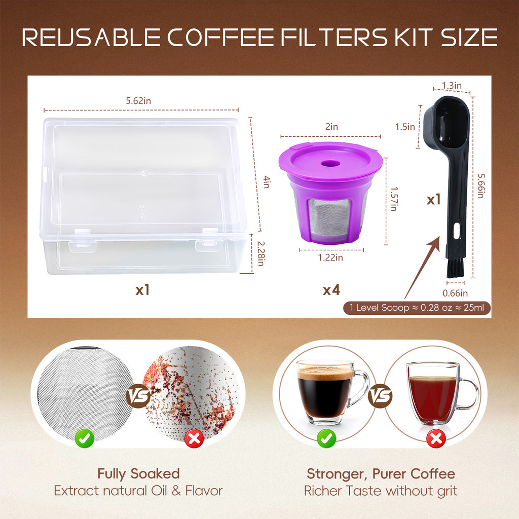 AEELLEEA 4 Pack Reusable Refillable Coffee Pods, Stainless Steel Mesh Filters with Scoop Brush & Box for 1-Prong Coffee Makers