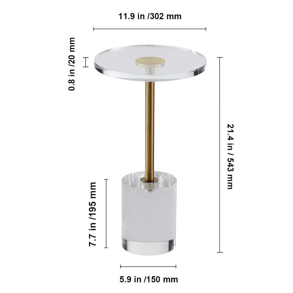 AEELLEEA Clear Acrylic End Table, 11.9 in Round Side Table with Gold Metal Accent, 21.4 in Tall, for Living Room & Bedroom