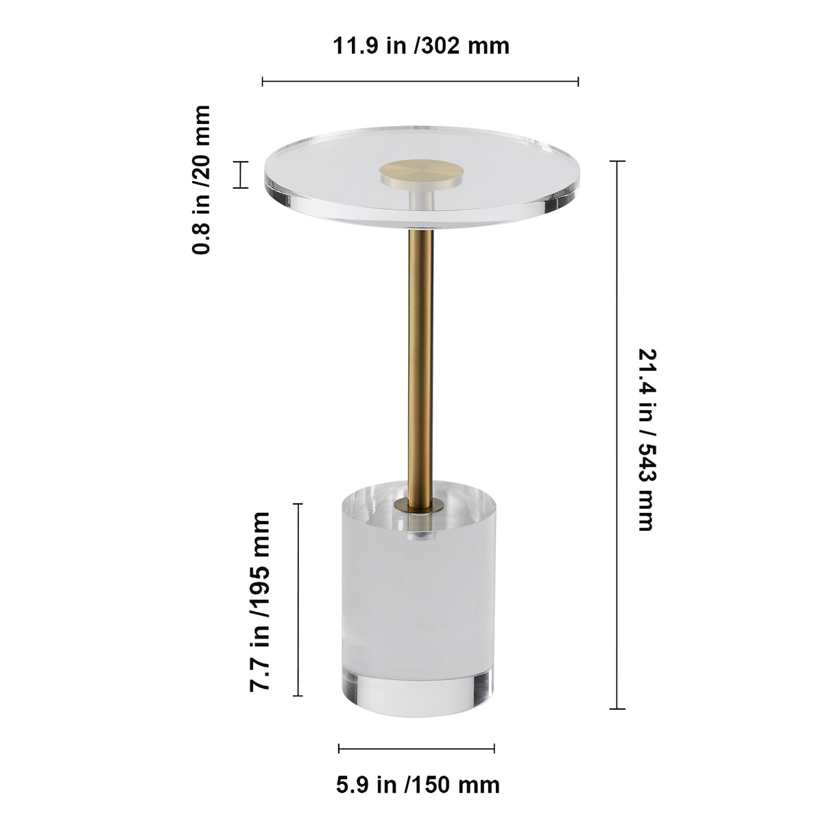 AEELLEEA Clear Acrylic End Table, 11.9 in Round Side Table with Gold Metal Accent, 21.4 in Tall, for Living Room & Bedroom
