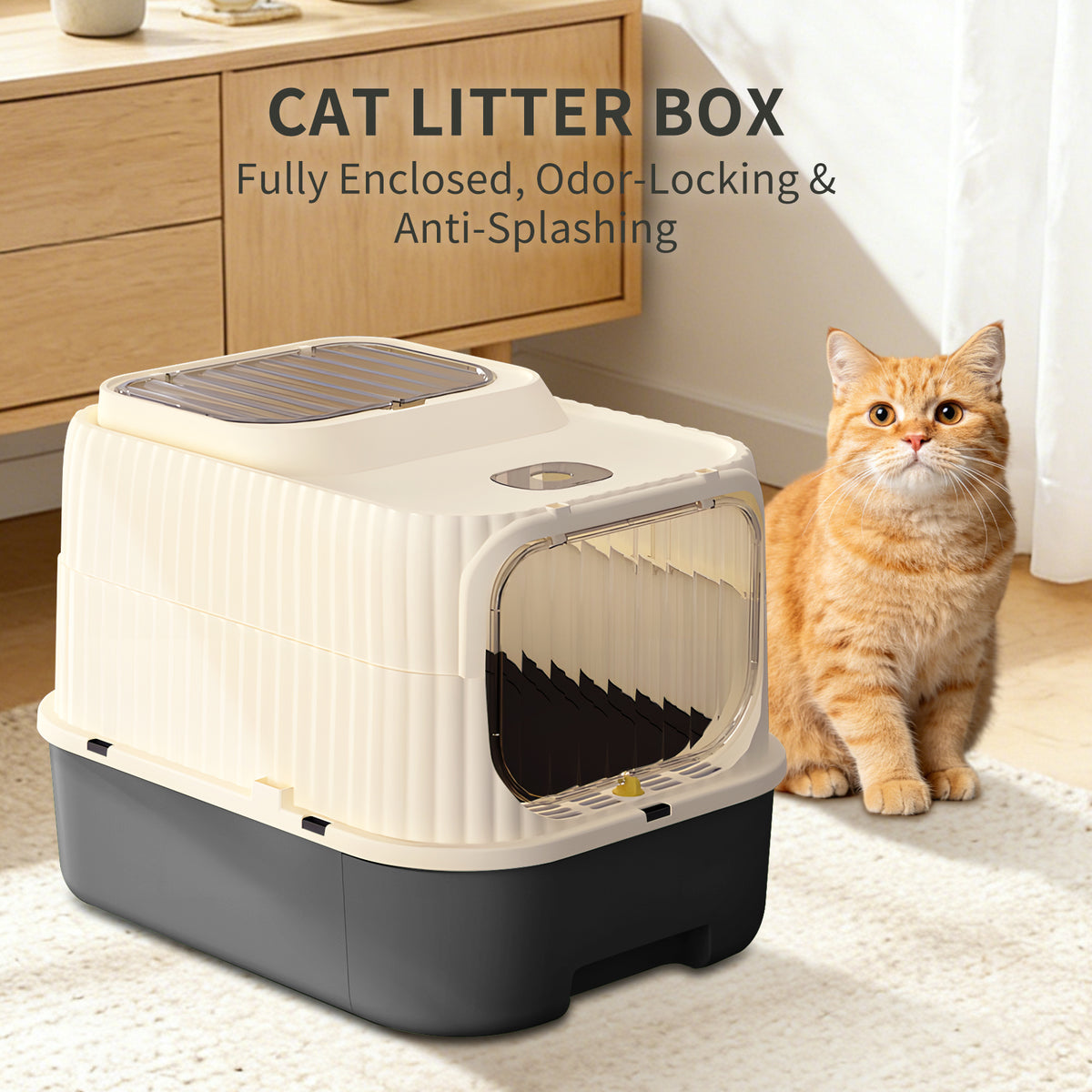 Enclosed Cat Litter Box with 2-Way Transparent Door and Litter Sifting Step, Removable Easy-Clean Design, Beige & Gray