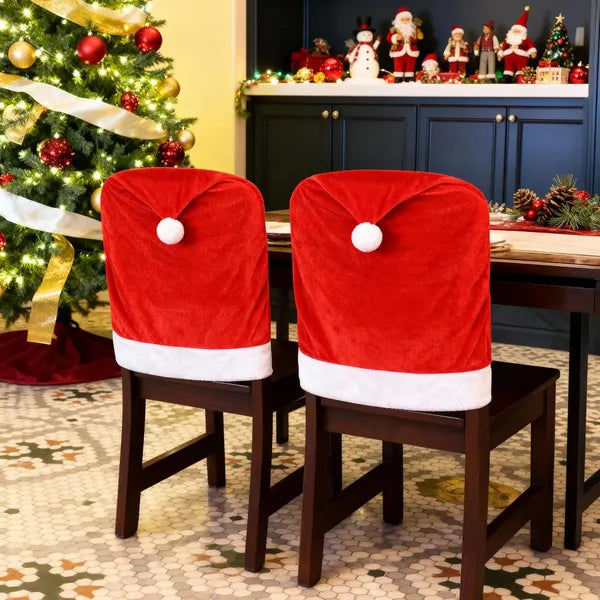 Santa Hat Christmas Chair Back Slipcovers, 2 Count Red‑White Flannel Chair Covers for Dining Room, Kitchen & Bar, Reusable Xmas Holiday Party Decor