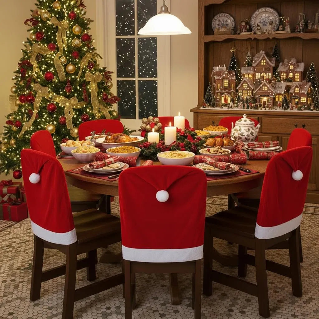 Santa Hat Christmas Chair Back Slipcovers, 6 Count Red‑White Flannel Chair Covers for Dining Room, Kitchen & Bar, Reusable Xmas Holiday Party Decor