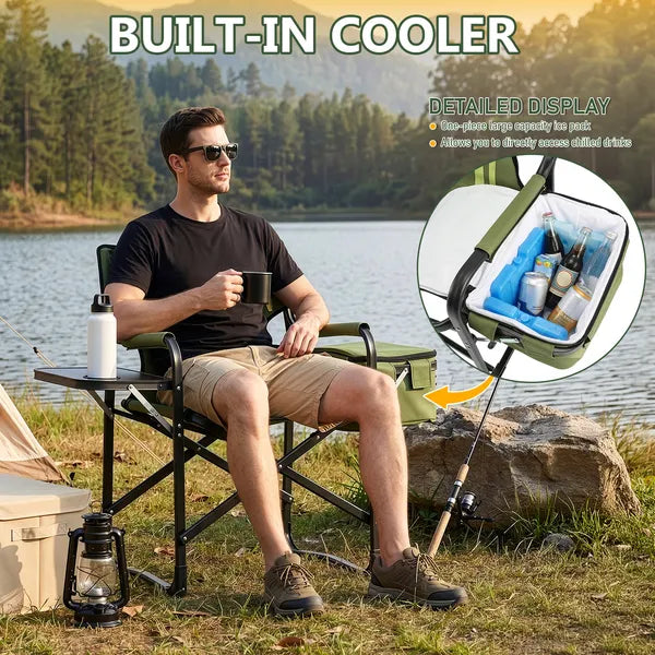 Aeelleea Folding Camping Director Chair, 42.5×20.86×33.07 Inch Portable Outdoor Chair with Side Table & Cooler Bag, 300Lbs Capacity for Patio Fishing