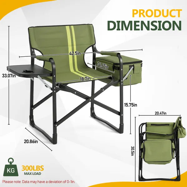 Aeelleea Folding Camping Director Chair, 42.5×20.86×33.07 Inch Portable Outdoor Chair with Side Table & Cooler Bag, 300Lbs Capacity for Patio Fishing
