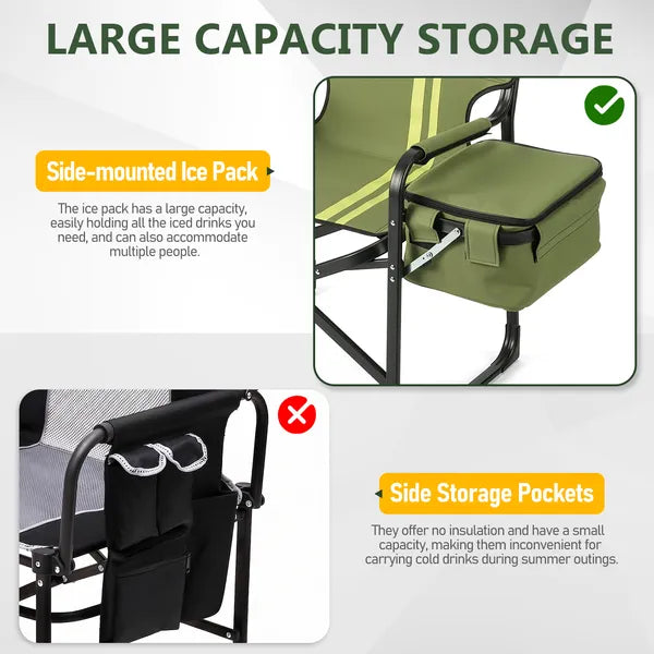 Aeelleea Folding Camping Director Chair, 42.5×20.86×33.07 Inch Portable Outdoor Chair with Side Table & Cooler Bag, 300Lbs Capacity for Patio Fishing