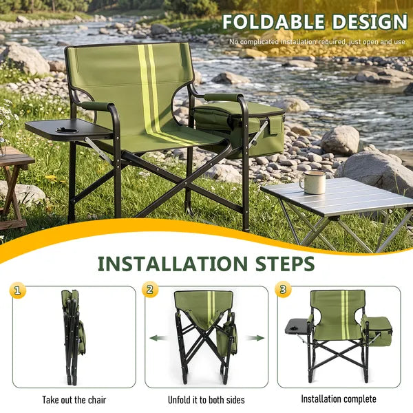 Aeelleea Folding Camping Director Chair, 42.5×20.86×33.07 Inch Portable Outdoor Chair with Side Table & Cooler Bag, 300Lbs Capacity for Patio Fishing