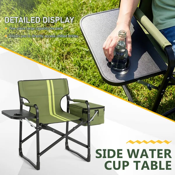 Aeelleea Folding Camping Director Chair, 42.5×20.86×33.07 Inch Portable Outdoor Chair with Side Table & Cooler Bag, 300Lbs Capacity for Patio Fishing