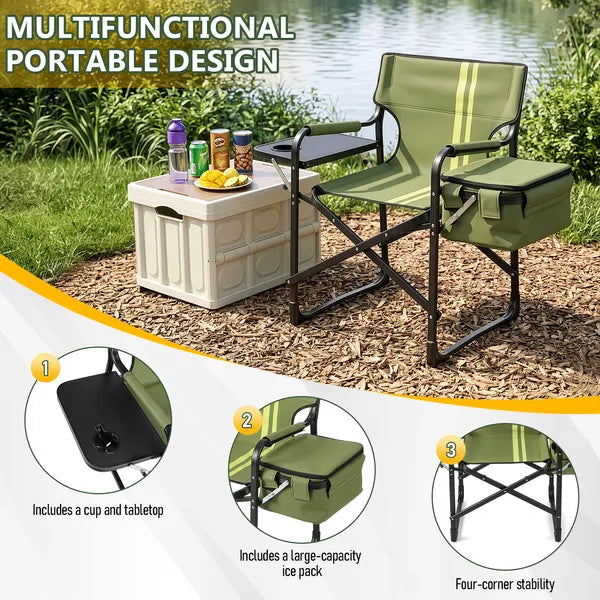 Aeelleea Folding Camping Director Chair, 42.5×20.86×33.07 Inch Portable Outdoor Chair with Side Table & Cooler Bag, 300Lbs Capacity for Patio Fishing