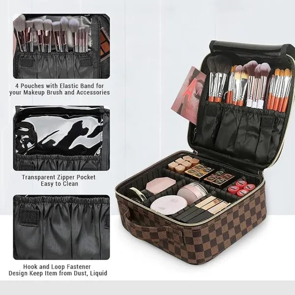 Checkered Makeup Bag, Waterproof PU Leather Travel Cosmetic Organizer with Adjustable Compartments, Women Stylish Toiletry Bag for Christmas Birthday Gift