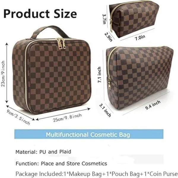 Checkered Makeup Bag, Waterproof PU Leather Travel Cosmetic Organizer with Adjustable Compartments, Women Stylish Toiletry Bag for Christmas Birthday Gift