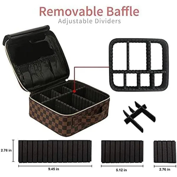 Checkered Makeup Bag, Waterproof PU Leather Travel Cosmetic Organizer with Adjustable Compartments, Women Stylish Toiletry Bag for Christmas Birthday Gift