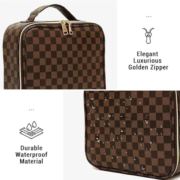 Checkered Makeup Bag, Waterproof PU Leather Travel Cosmetic Organizer with Adjustable Compartments, Women Stylish Toiletry Bag for Christmas Birthday Gift