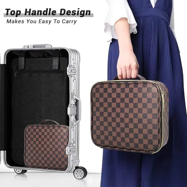 Checkered Makeup Bag, Waterproof PU Leather Travel Cosmetic Organizer with Adjustable Compartments, Women Stylish Toiletry Bag for Christmas Birthday Gift