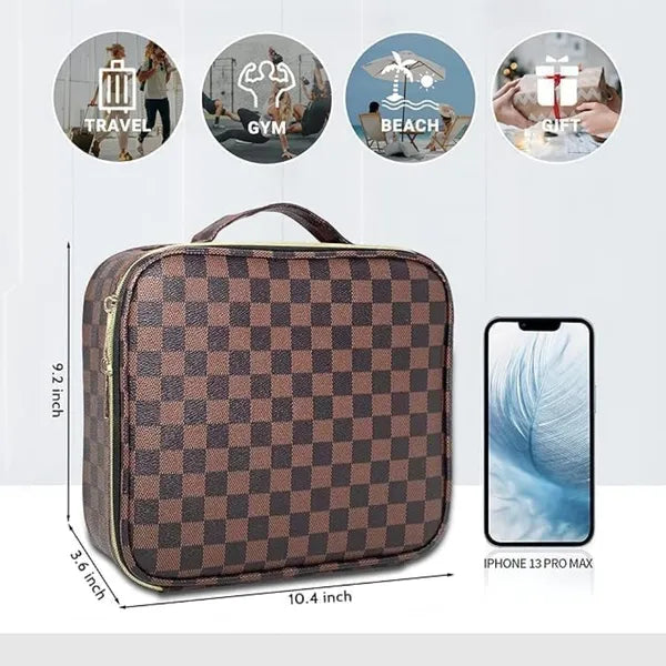 Checkered Makeup Bag, Waterproof PU Leather Travel Cosmetic Organizer with Adjustable Compartments, Women Stylish Toiletry Bag for Christmas Birthday Gift
