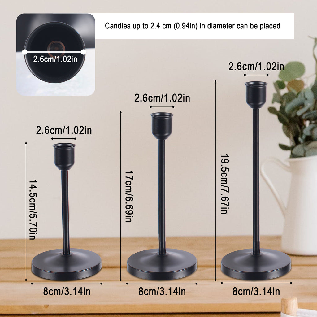 Set of 3 Flickering Flameless White Taper Candles & Black Metal Candlestick Holders, Bathroom Decor
