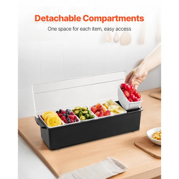 AEELLEEA 19.9" Ice Chilled Condiment Server with 6 Compartments, Food-Grade Chilled Serving Tray with Lid for Fruit Toppings Bar