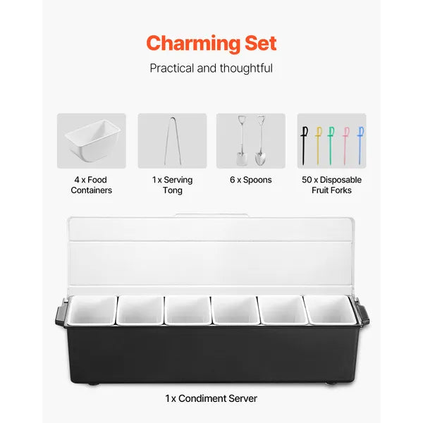 AEELLEEA 19.9" Ice Chilled Condiment Server with 6 Compartments, Food-Grade Chilled Serving Tray with Lid for Fruit Toppings Bar