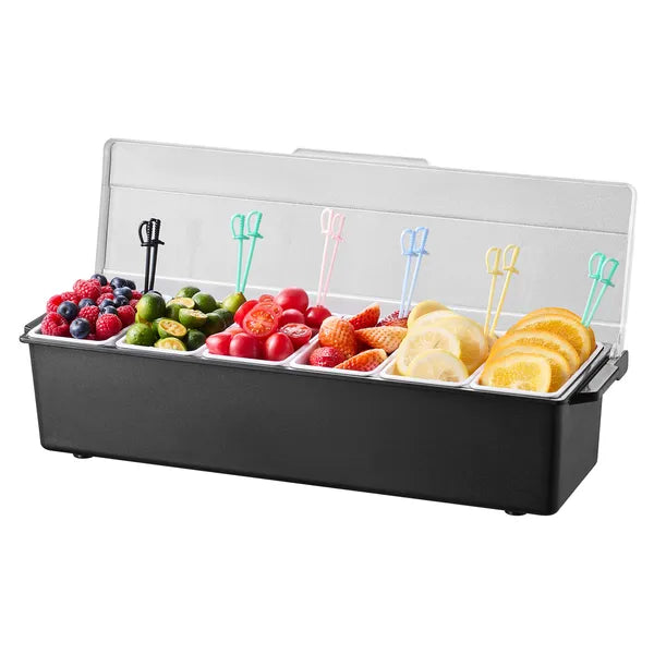 AEELLEEA 19.9" Ice Chilled Condiment Server with 6 Compartments, Food-Grade Chilled Serving Tray with Lid for Fruit Toppings Bar