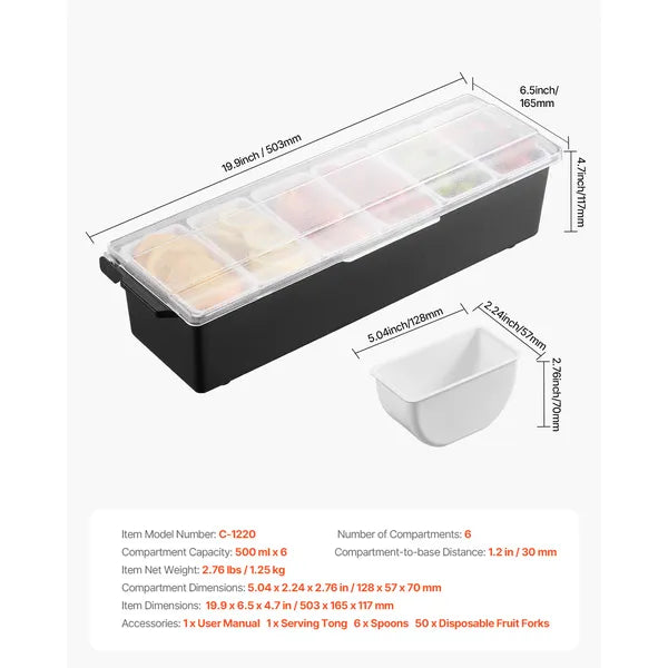 AEELLEEA 19.9" Ice Chilled Condiment Server with 6 Compartments, Food-Grade Chilled Serving Tray with Lid for Fruit Toppings Bar