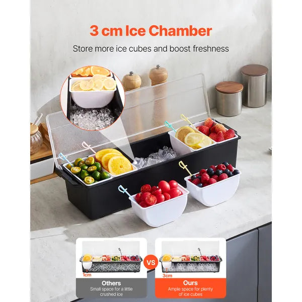 AEELLEEA 19.9" Ice Chilled Condiment Server with 6 Compartments, Food-Grade Chilled Serving Tray with Lid for Fruit Toppings Bar