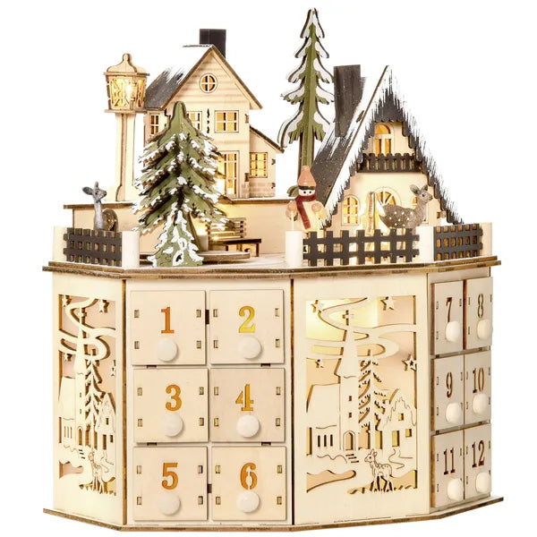 Aeelleea Light Up Wooden Christmas Advent Calendar, 24 Countdown Drawers Village Pattern Tabletop Xmas Decor for Kids Adults