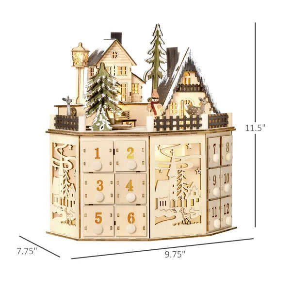 Aeelleea Light Up Wooden Christmas Advent Calendar, 24 Countdown Drawers Village Pattern Tabletop Xmas Decor for Kids Adults