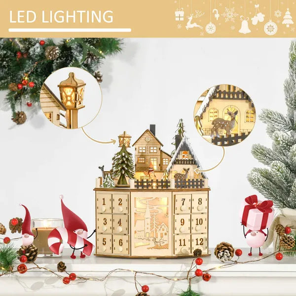 Aeelleea Light Up Wooden Christmas Advent Calendar, 24 Countdown Drawers Village Pattern Tabletop Xmas Decor for Kids Adults