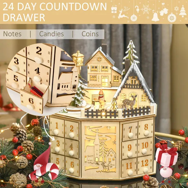 Aeelleea Light Up Wooden Christmas Advent Calendar, 24 Countdown Drawers Village Pattern Tabletop Xmas Decor for Kids Adults