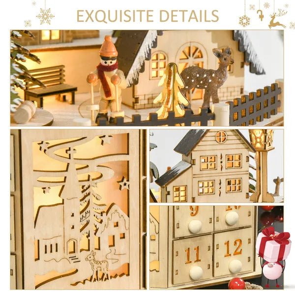 Aeelleea Light Up Wooden Christmas Advent Calendar, 24 Countdown Drawers Village Pattern Tabletop Xmas Decor for Kids Adults