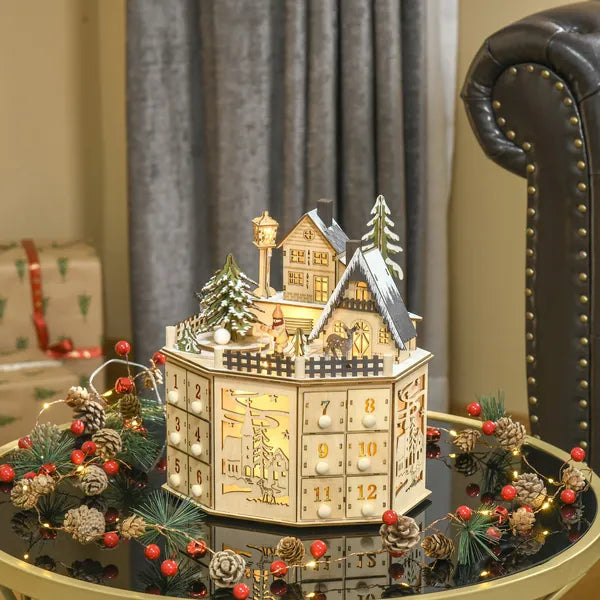 Aeelleea Light Up Wooden Christmas Advent Calendar, 24 Countdown Drawers Village Pattern Tabletop Xmas Decor for Kids Adults