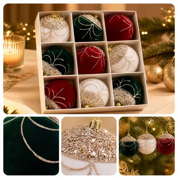 Aeelleea Christmas Ball Ornament Set, Red Green White 3.11in Velvet Xmas Baubles with Gold Sequin Cap, Hanging Decor Balls for Christmas Tree
