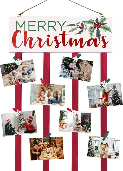 Aeelleea Wooden Christmas Card Display Hanger with 24 Clips, Merry Christmas Hanging Sign, Wall & Door Holiday Greeting Card Decoration