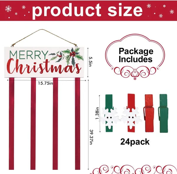 Aeelleea Wooden Christmas Card Display Hanger with 24 Clips, Merry Christmas Hanging Sign, Wall & Door Holiday Greeting Card Decoration