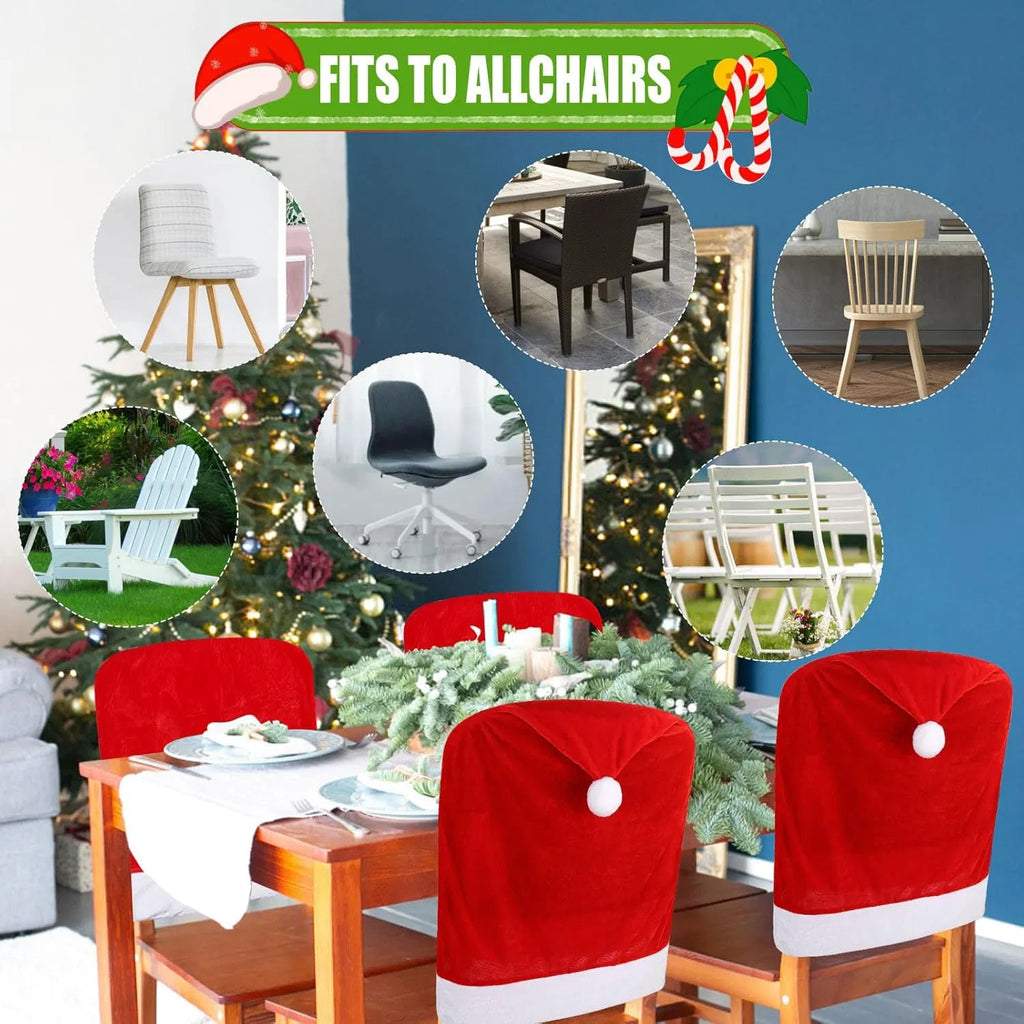 Santa Hat Christmas Chair Back Slipcovers, 2 Count Red‑White Flannel Chair Covers for Dining Room, Kitchen & Bar, Reusable Xmas Holiday Party Decor
