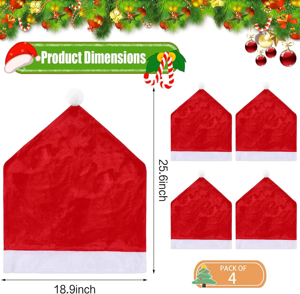 Santa Hat Christmas Chair Back Slipcovers, 6 Count Red‑White Flannel Chair Covers for Dining Room, Kitchen & Bar, Reusable Xmas Holiday Party Decor