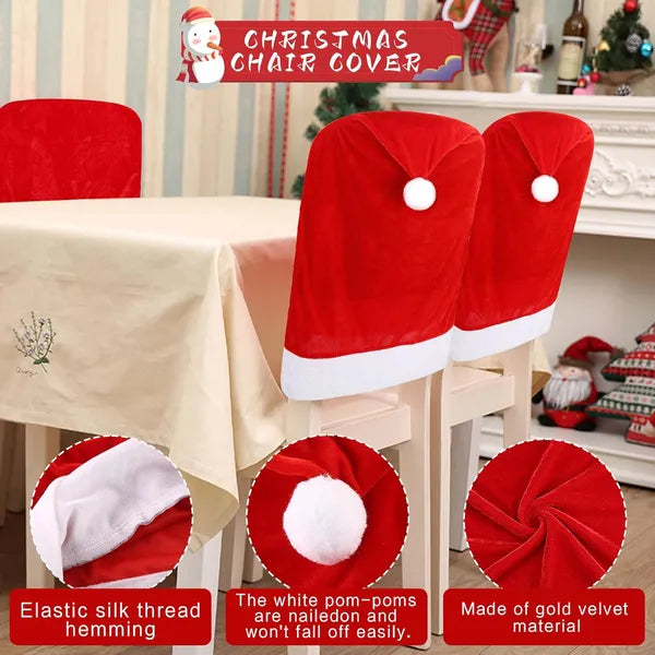 Santa Hat Christmas Chair Back Slipcovers, 6 Count Red‑White Flannel Chair Covers for Dining Room, Kitchen & Bar, Reusable Xmas Holiday Party Decor